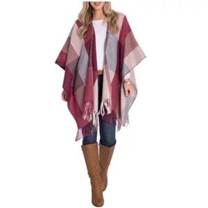 Plaid Textured Wrap Sweater Poncho Scarf
